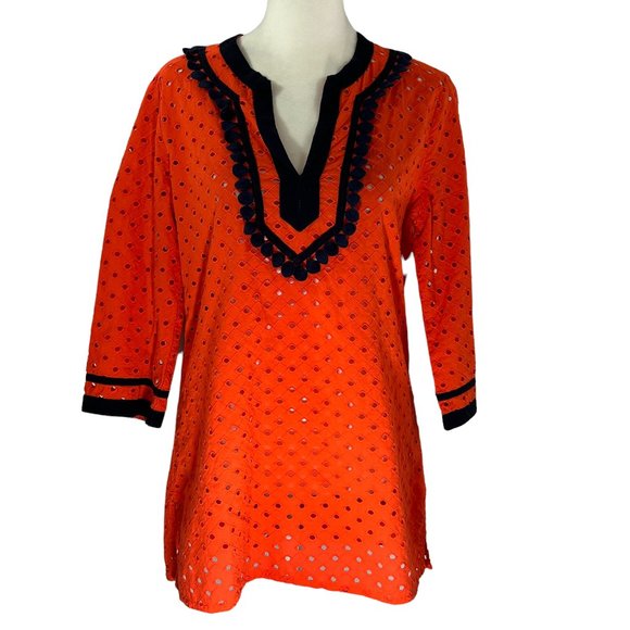 J. Crew Tops - J Crew Orange Red Cotton Eyelet Tunic with Navy Blue Trim SIze Small